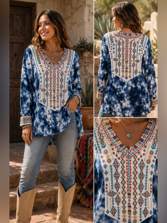 John Mark Tops - John Mark Blue Tie-Dye Long Sleeve V-Neck Tunic Top with Embroidered Yoke Size L